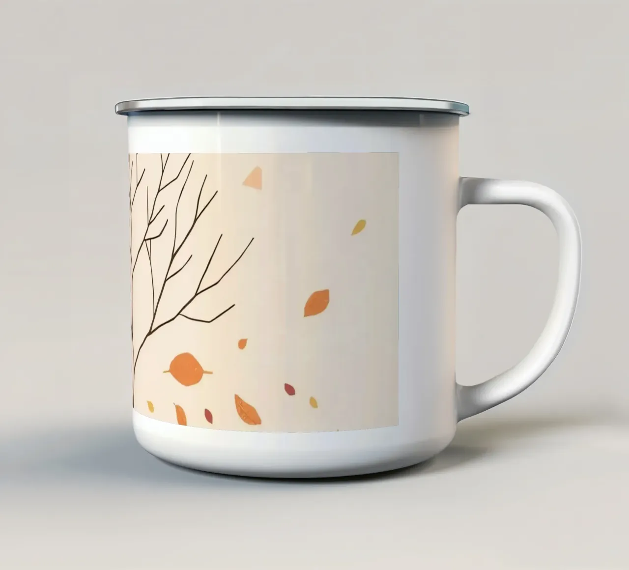 Albero spoglio circondato da foglie cadenti nella stagione autunnale tazza in smalto da DesignDoodle
