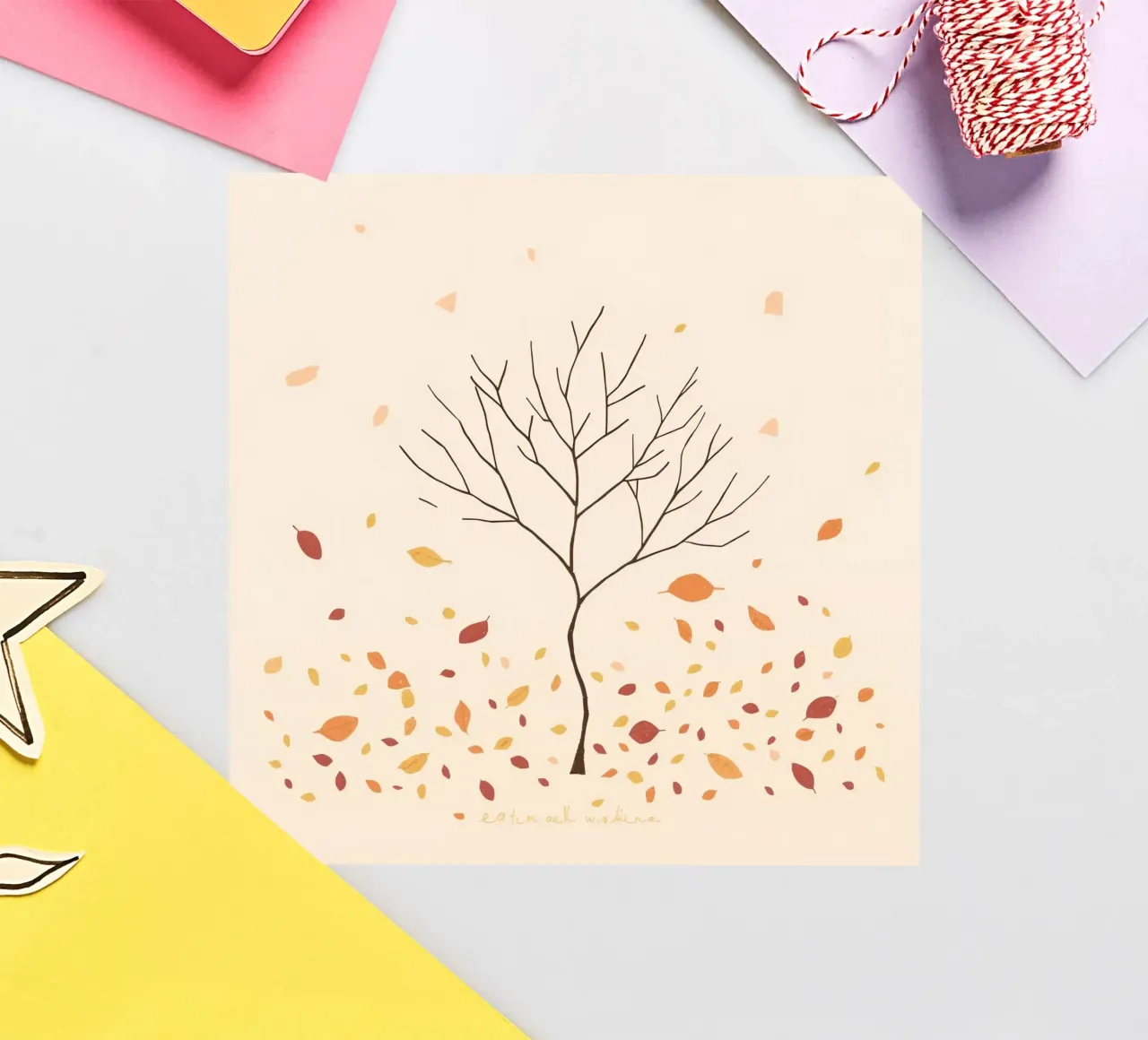 Bare tree surrounded by falling leaves in autumn season sticker by DesignDoodle