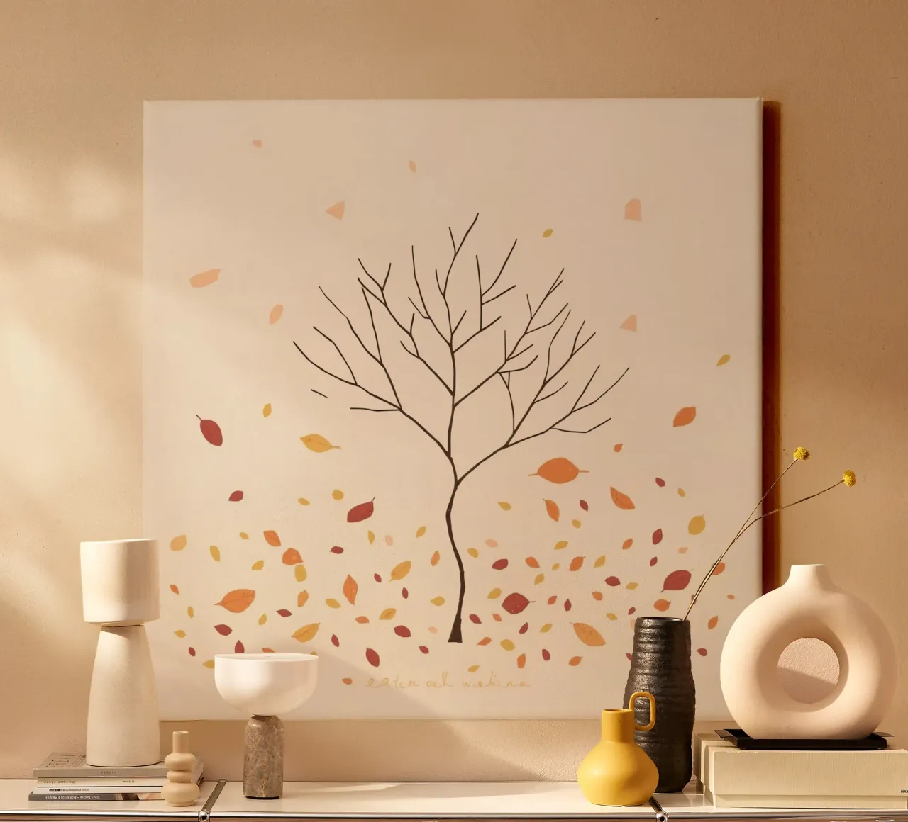 Bare tree surrounded by falling leaves in autumn season canvas with Floater frame by DesignDoodle