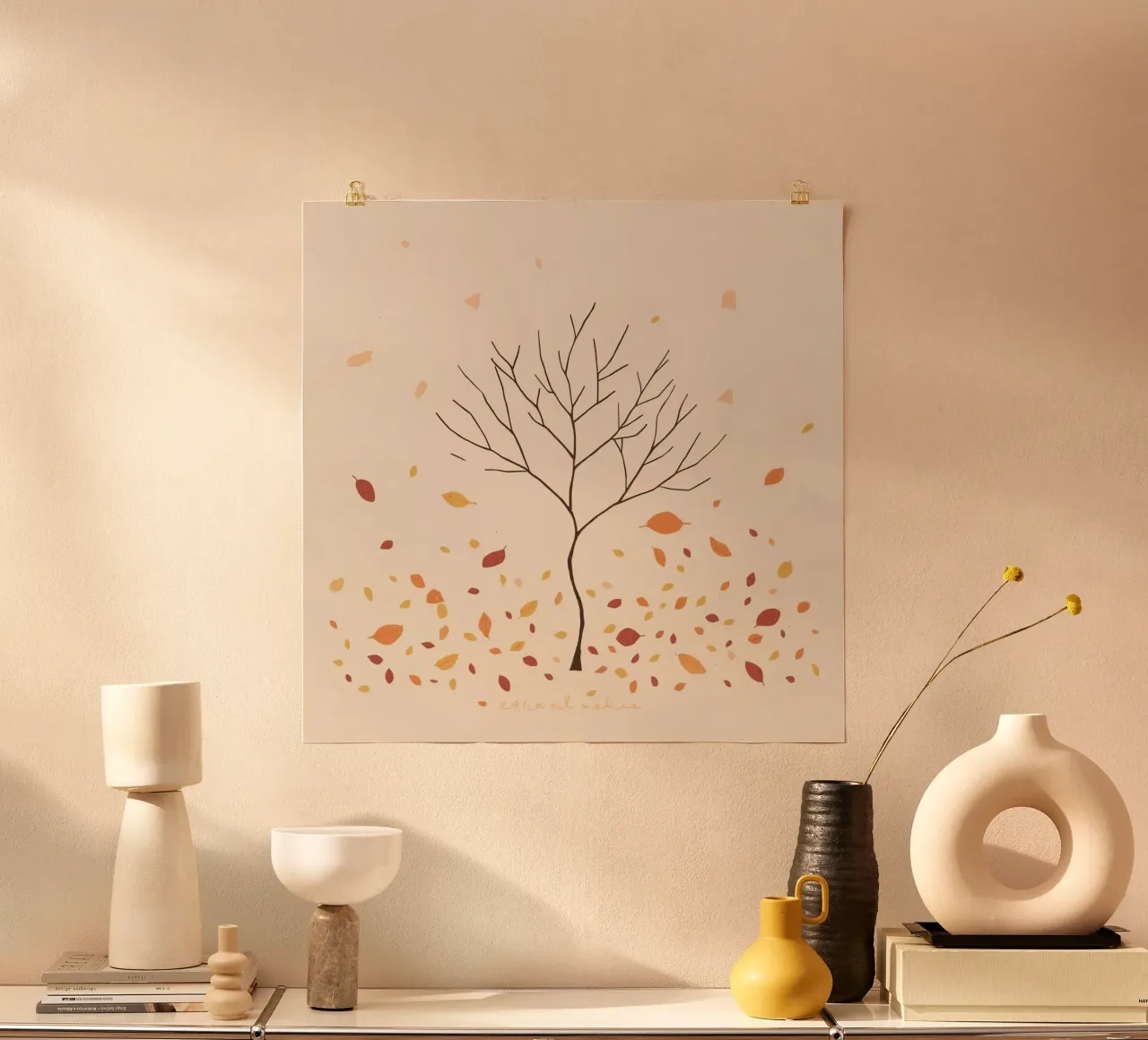 Kahler Baum umgeben von fallenden Blättern in der Herbstzeit Hahnemühle von DesignDoodle