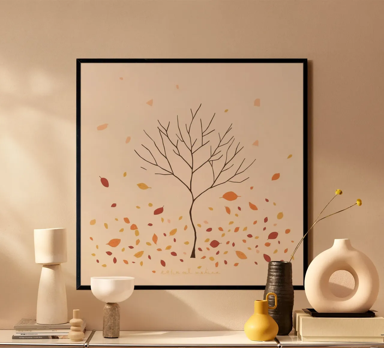 Kahler Baum umgeben von fallenden Blättern in der Herbstzeit Hahnemühle von DesignDoodle