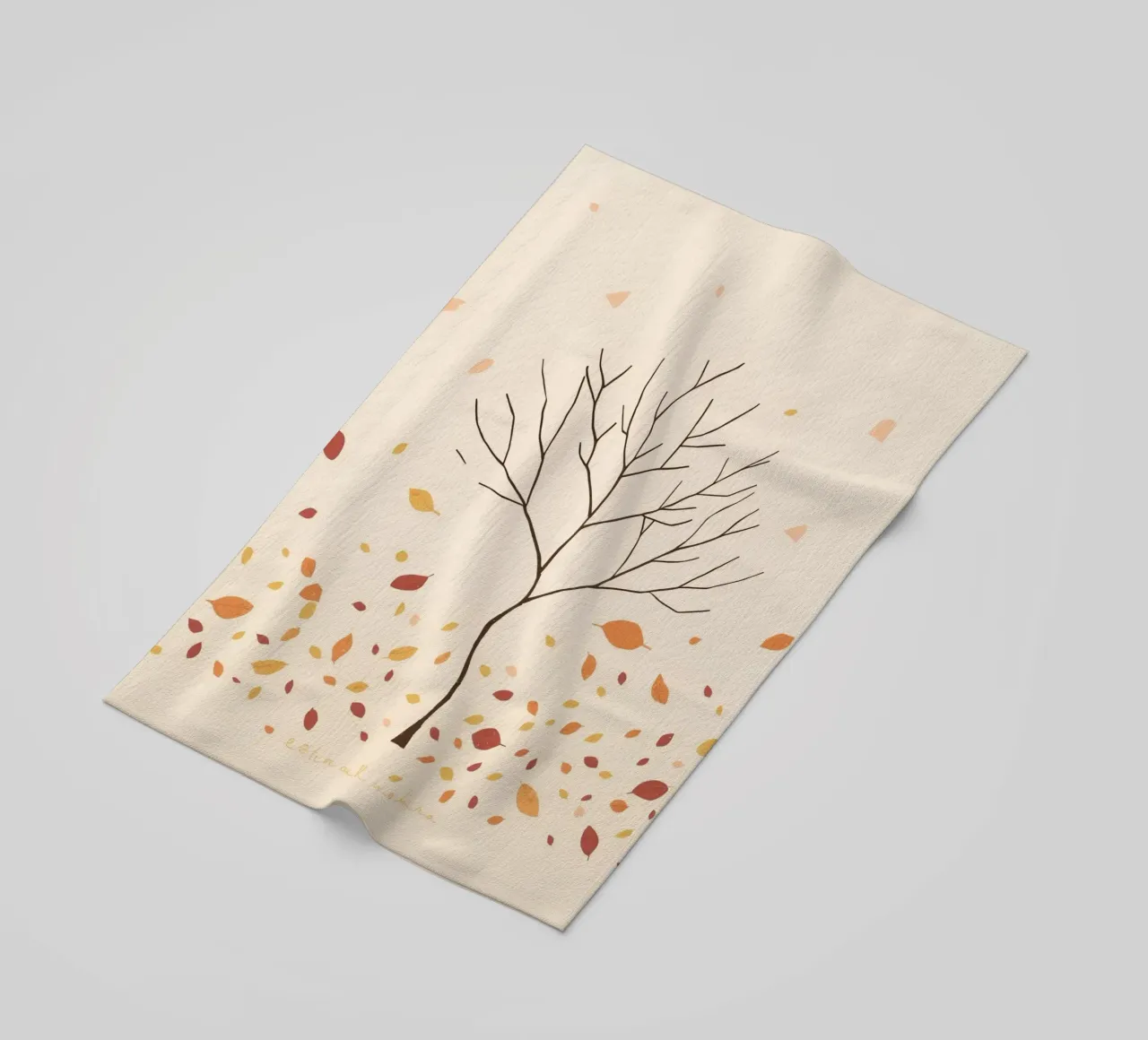Bare tree surrounded by falling leaves in autumn season beach towel by DesignDoodle