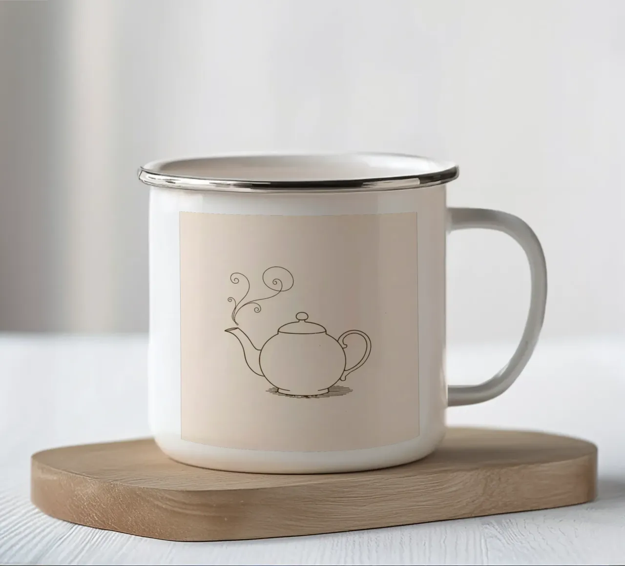 Elegante teiera con vapore che sale, dal design classico tazza in smalto da DesignDoodle
