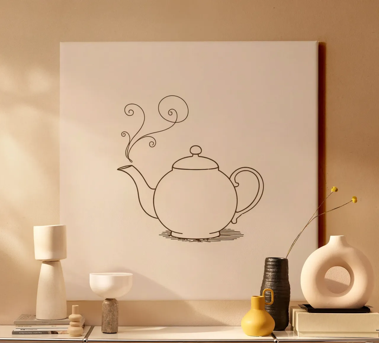 Elegant teapot with steam rising, showing a classic design canvas with Floater frame by DesignDoodle