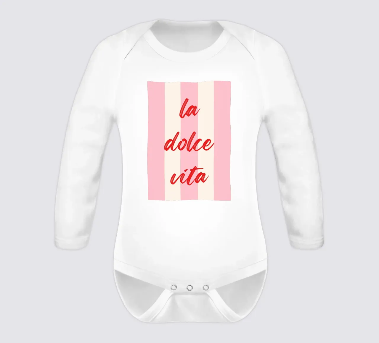 La Dolce Vita Quote in Red Brush Script on Pink Striped Back long-sleeve baby romper by The Art Club