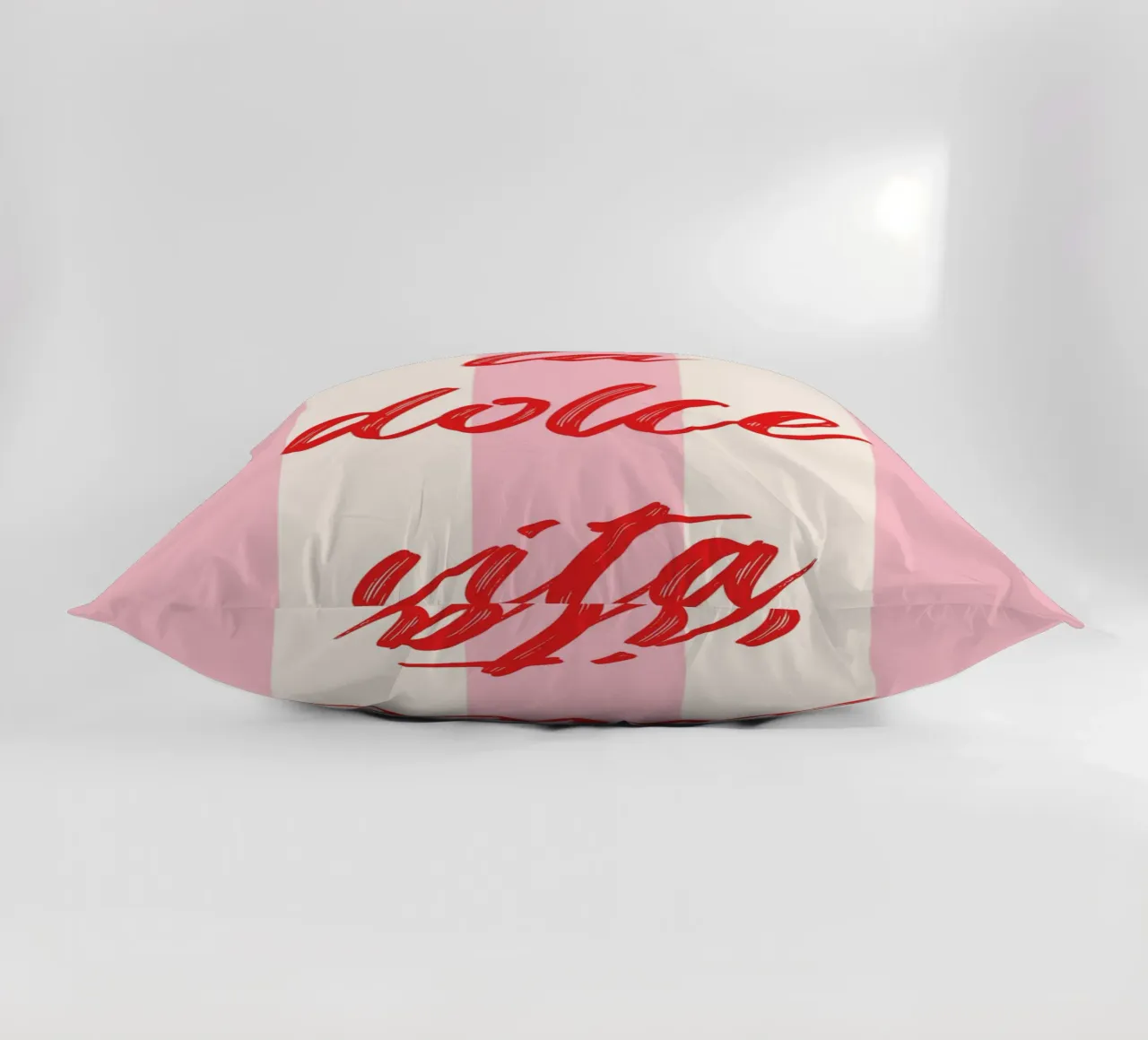 La Dolce Vita Quote in Red Brush Script on Pink Striped Back decorative cushion by The Art Club