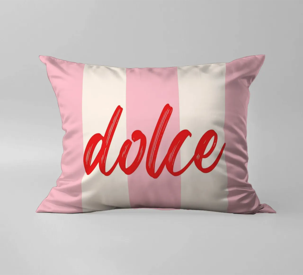 La Dolce Vita Quote in Red Brush Script on Pink Striped Back decorative cushion by The Art Club