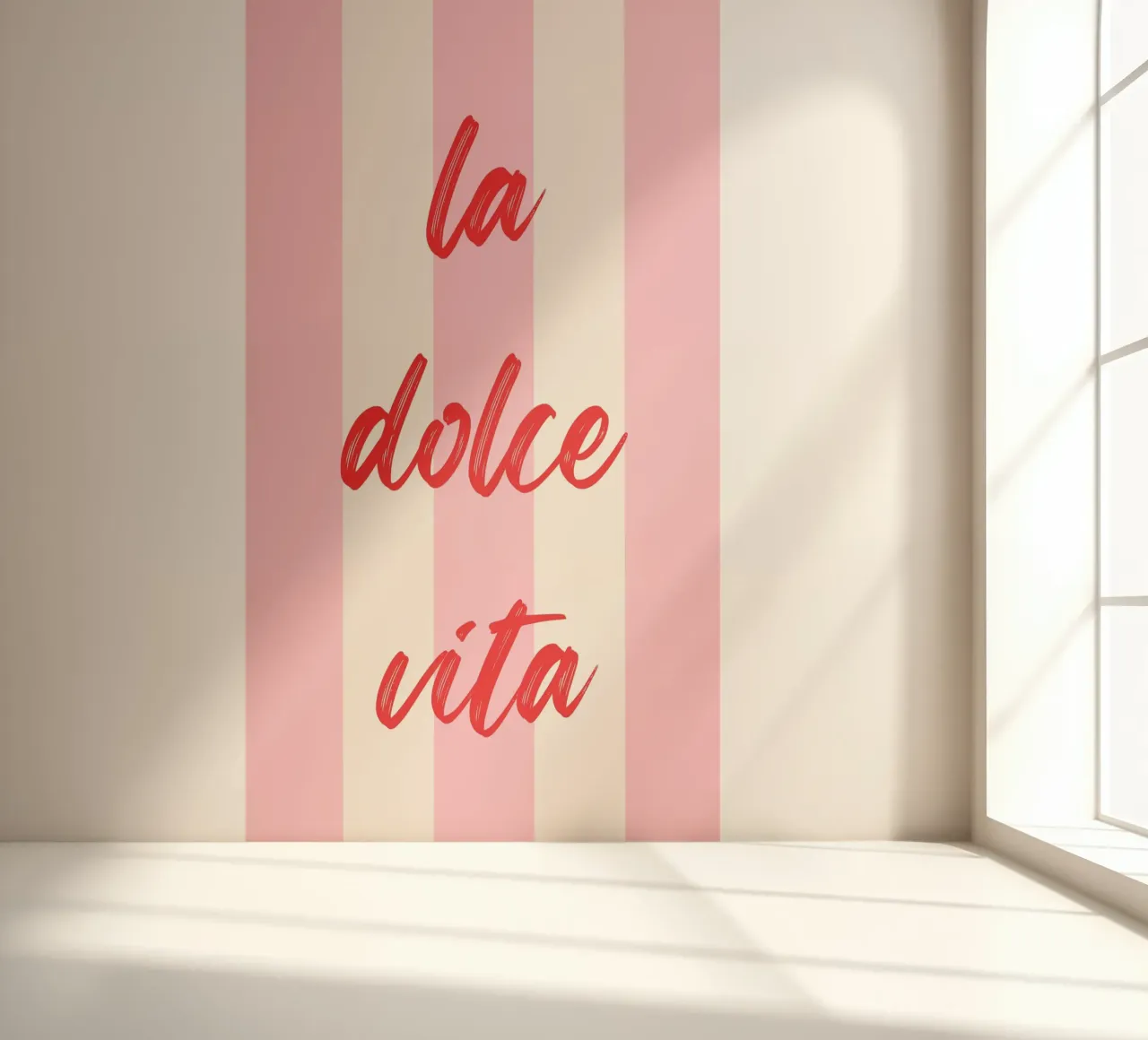 La Dolce Vita Quote in Red Brush Script on Pink Striped Back photo wallpaper by The Art Club