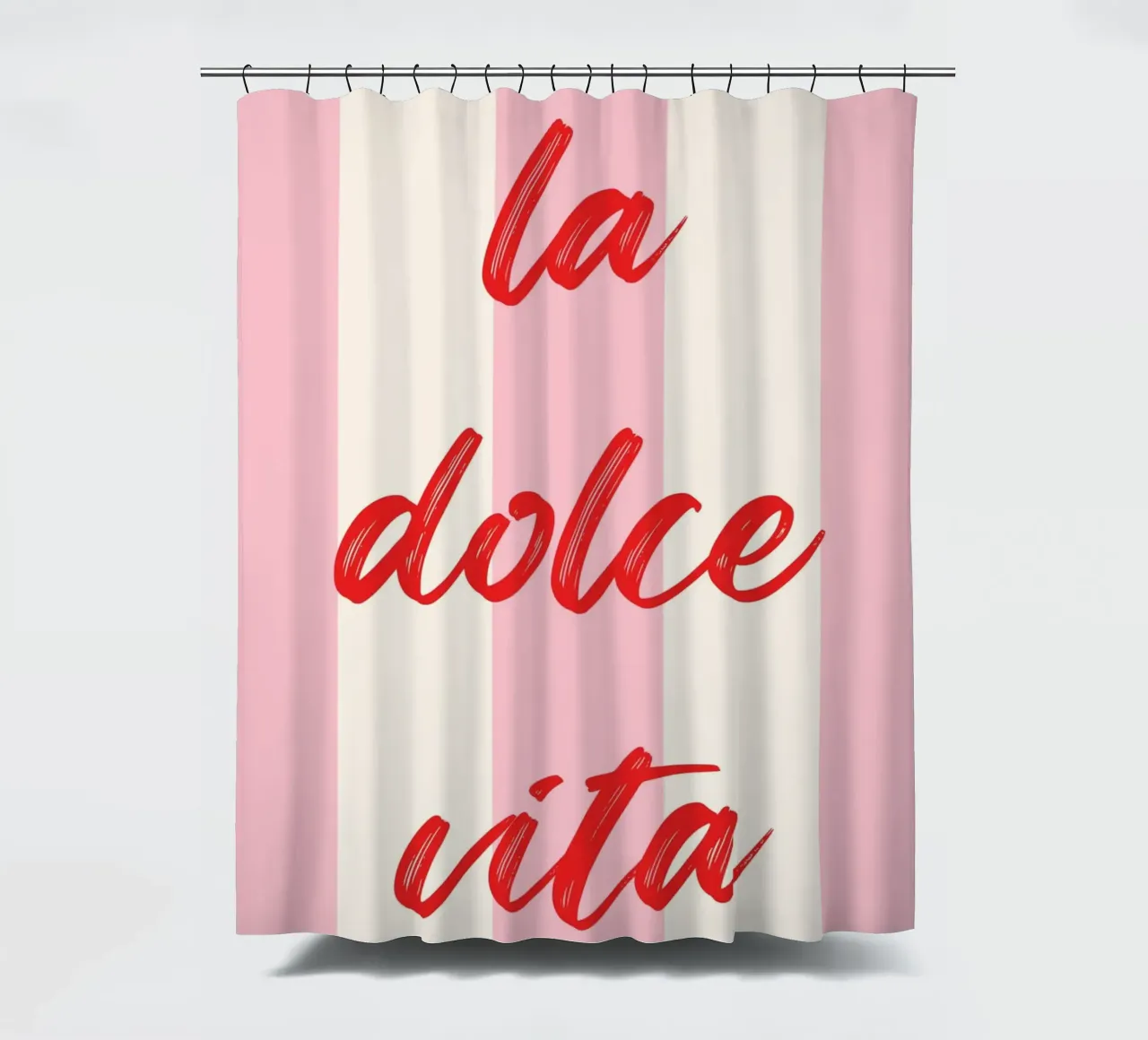 La Dolce Vita Quote in Red Brush Script on Pink Striped Back shower curtain by The Art Club