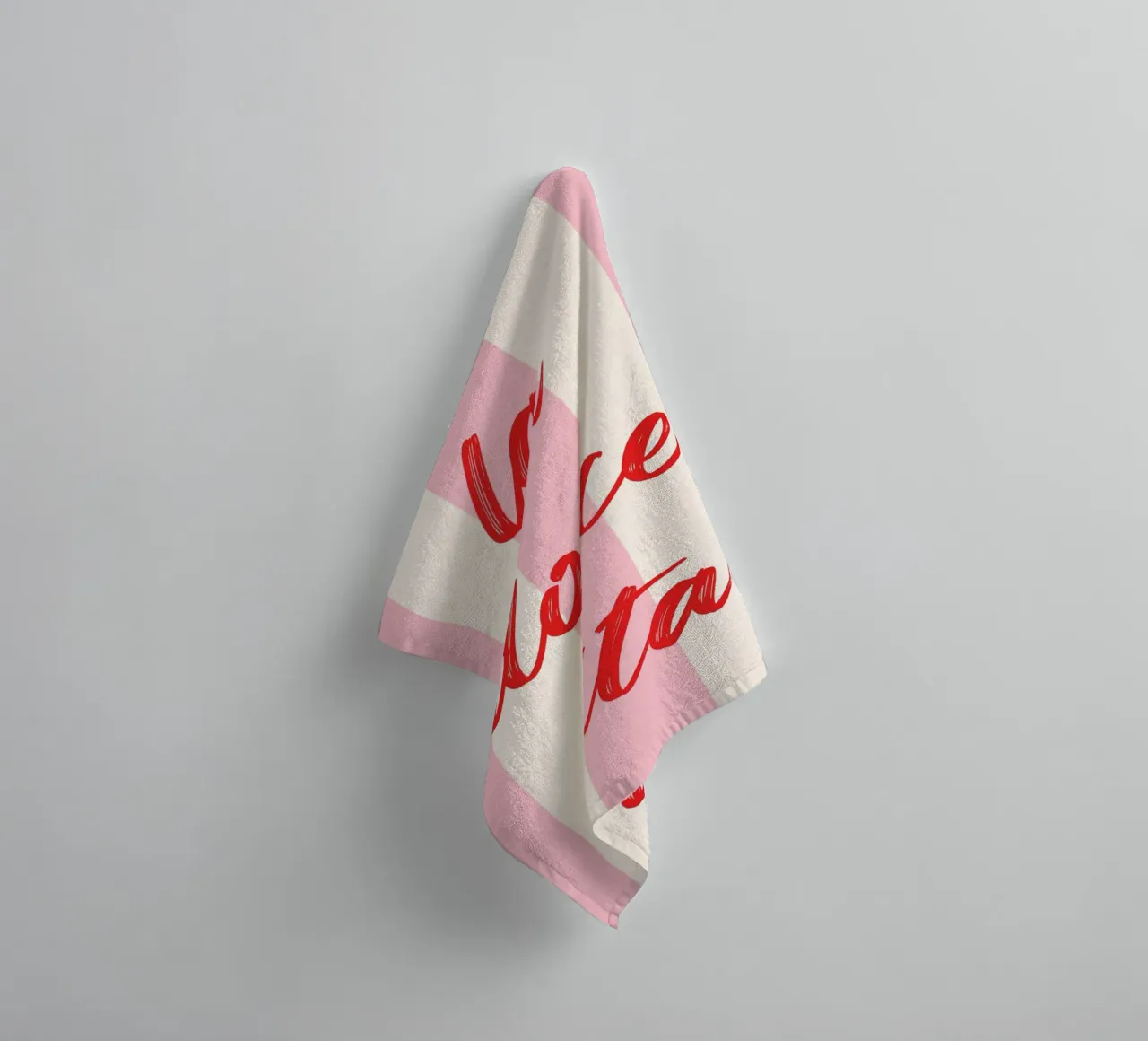 La Dolce Vita Quote in Red Brush Script on Pink Striped Back towel by The Art Club