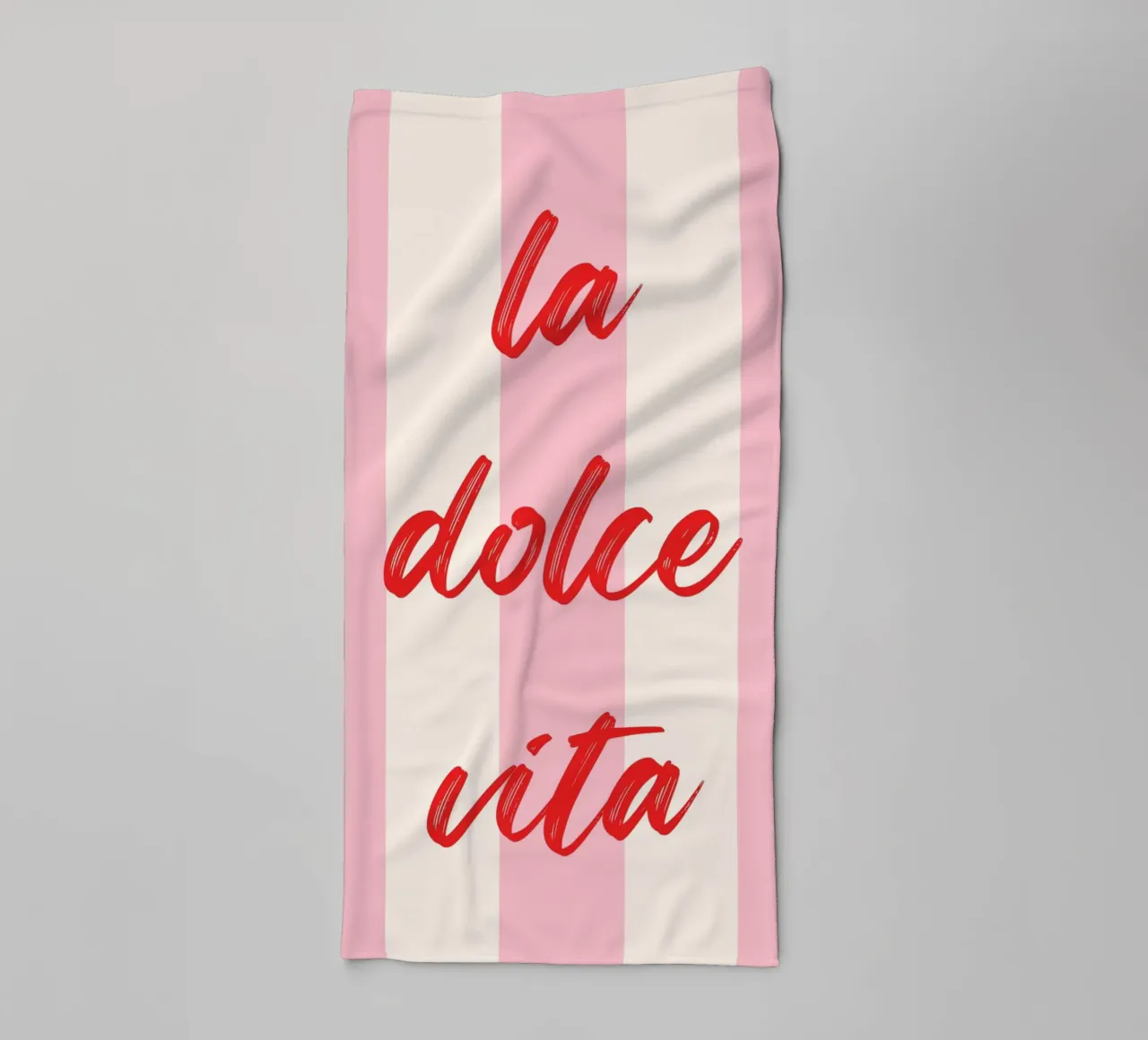 La Dolce Vita Quote in Red Brush Script on Pink Striped Back towel by The Art Club