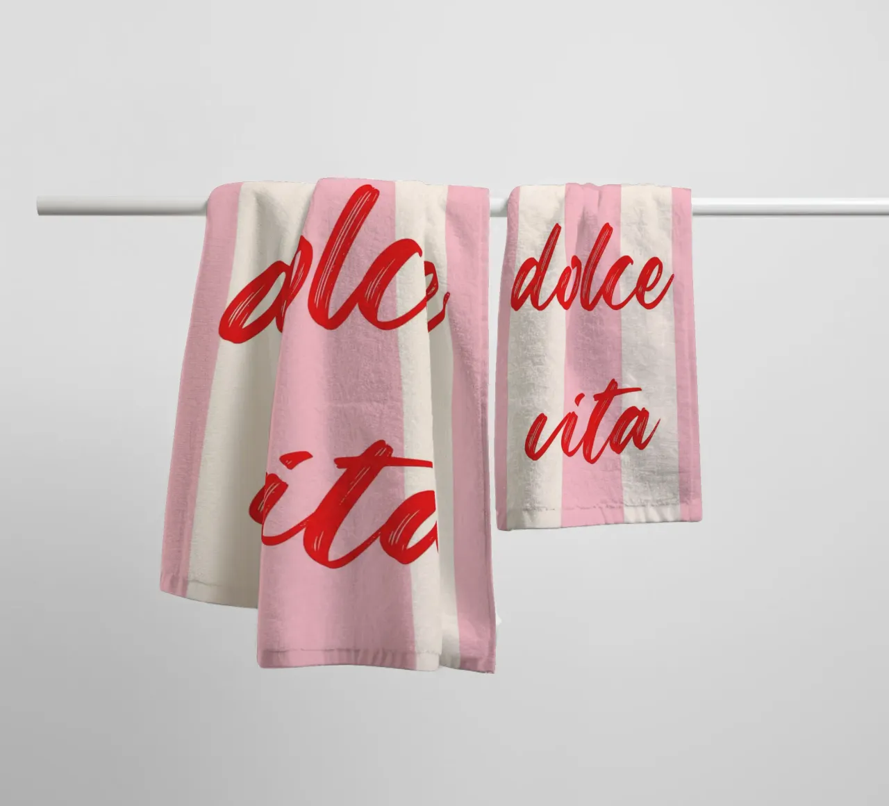 La Dolce Vita Quote in Red Brush Script on Pink Striped Back towel by The Art Club