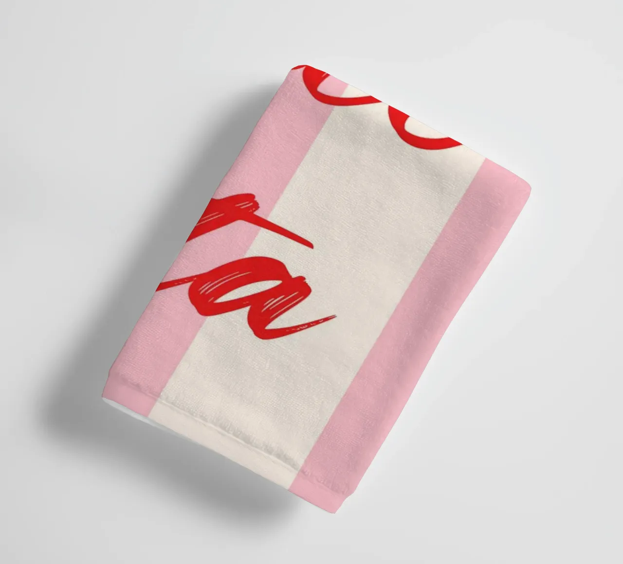 La Dolce Vita Quote in Red Brush Script on Pink Striped Back towel by The Art Club
