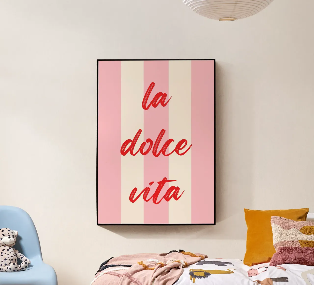 La Dolce Vita Quote in Red Brush Script on Pink Striped Back acrylic glass by The Art Club