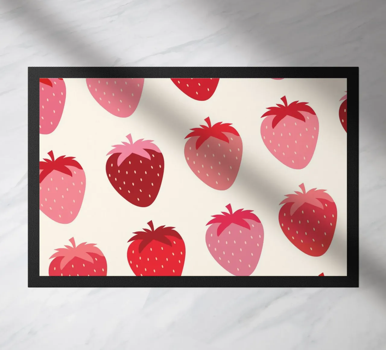 Seamless Strawberry Pattern in Pink and Red Tones doormat by The Art Club