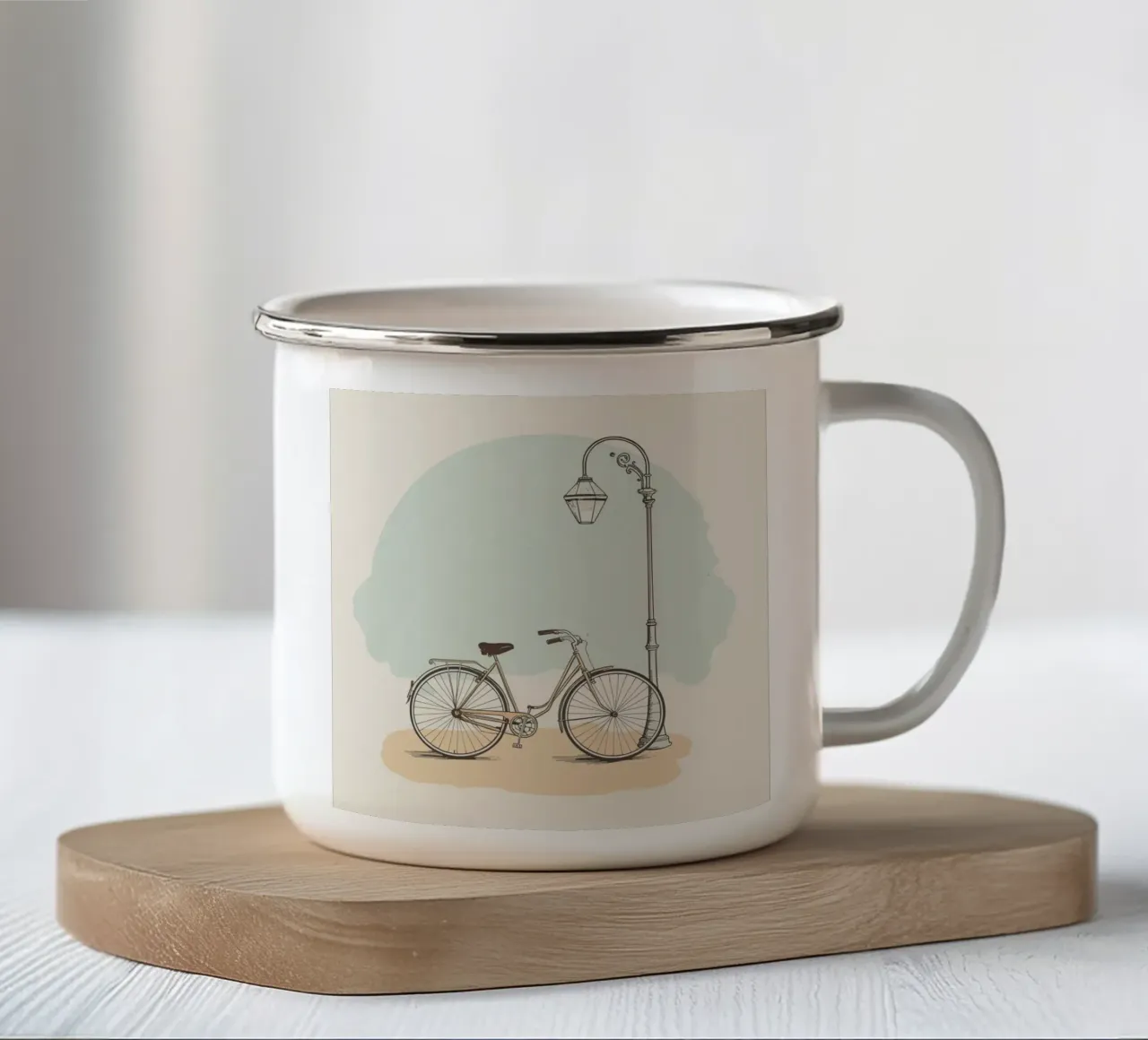 Vélo classique garé près d'un lampadaire ancien mug en émail de DesignDoodle