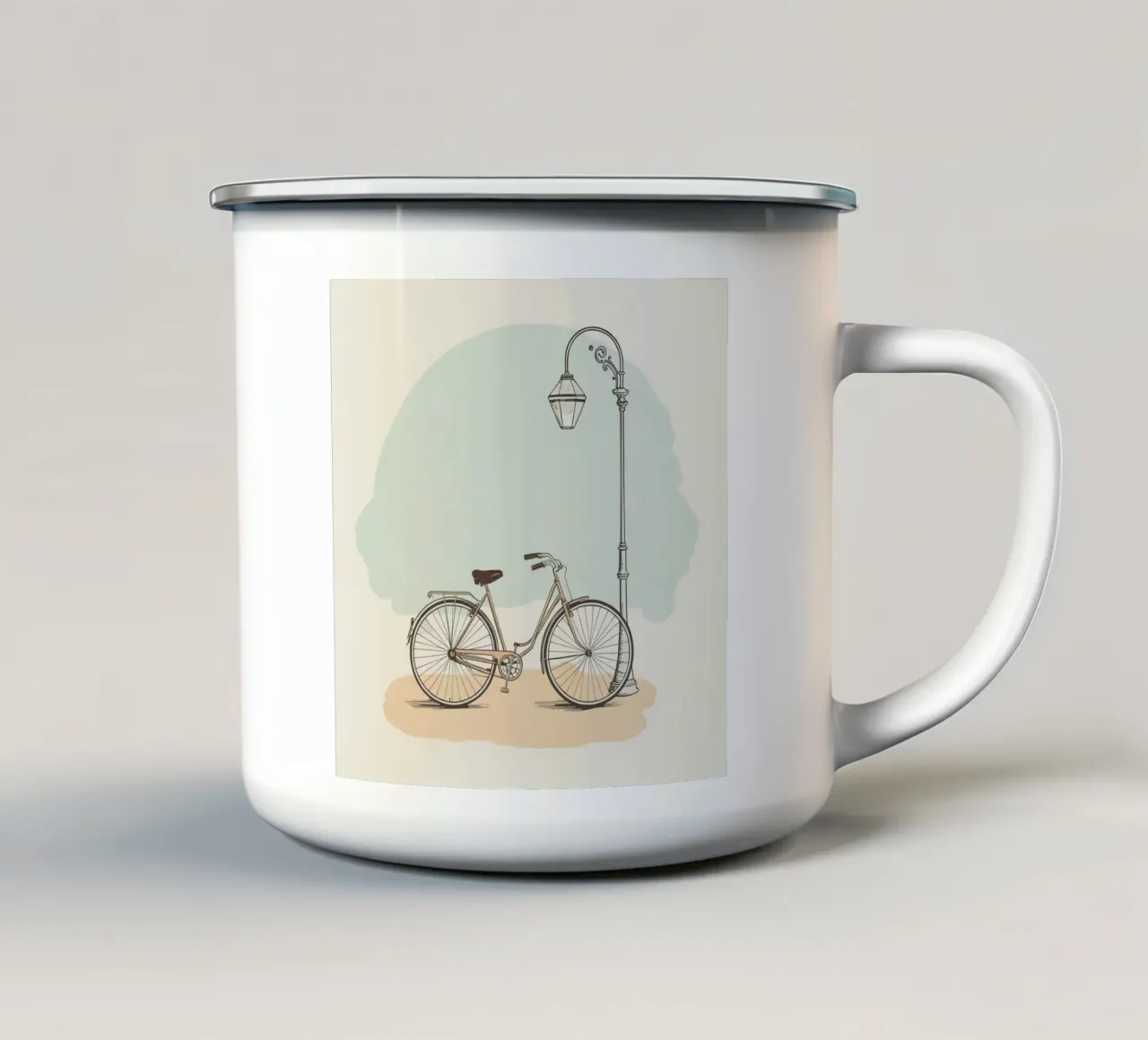 Vélo classique garé près d'un lampadaire ancien mug en émail de DesignDoodle