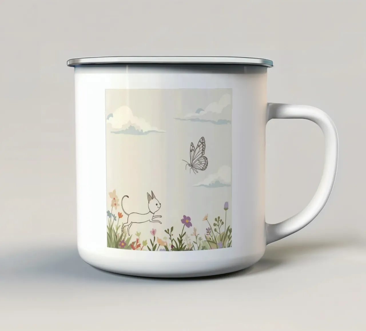 Gatto insegue farfalla in un prato fiorito sotto un cielo morbido tazza in smalto da DesignDoodle