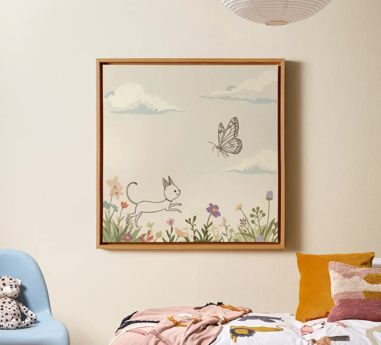 Cat chases butterfly in a blooming meadow under a soft sky canvas with Floater frame by DesignDoodle