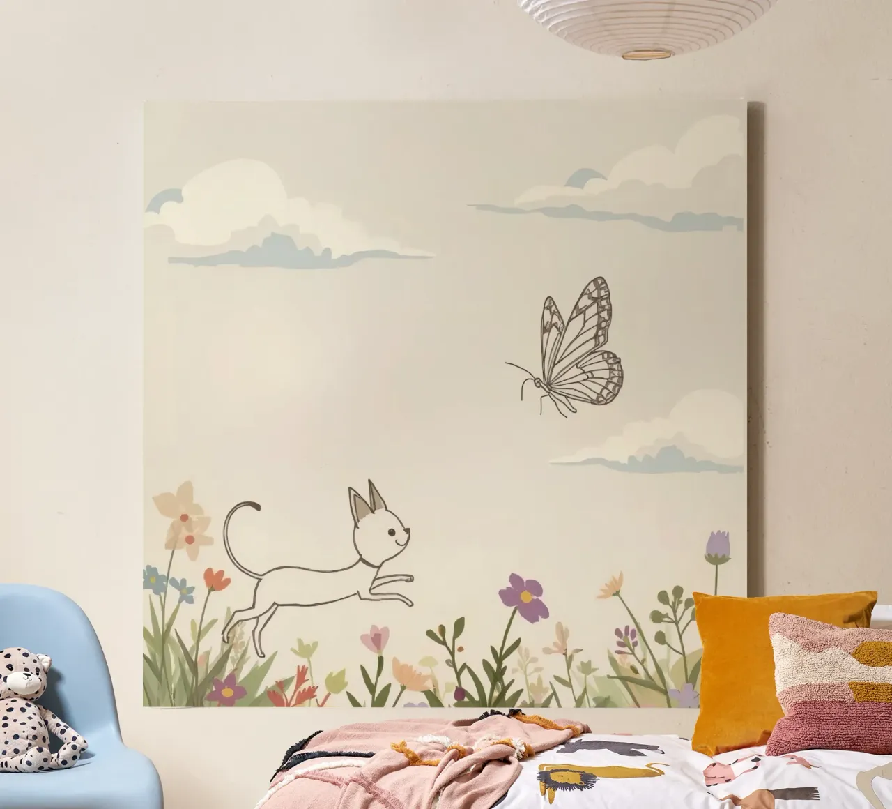 Cat chases butterfly in a blooming meadow under a soft sky canvas with Floater frame by DesignDoodle