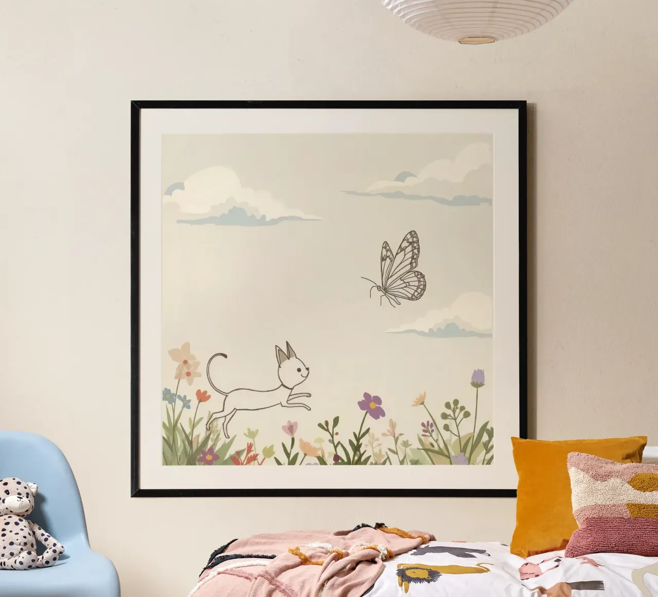 Gatto insegue farfalla in un prato fiorito sotto un cielo morbido poster con telaio in legno da DesignDoodle