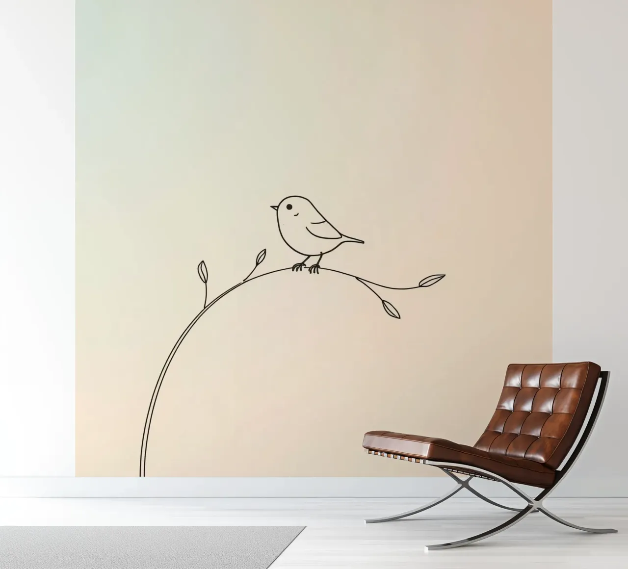 Delicate line drawing of a small bird perched on a branch photo wallpaper by DesignDoodle