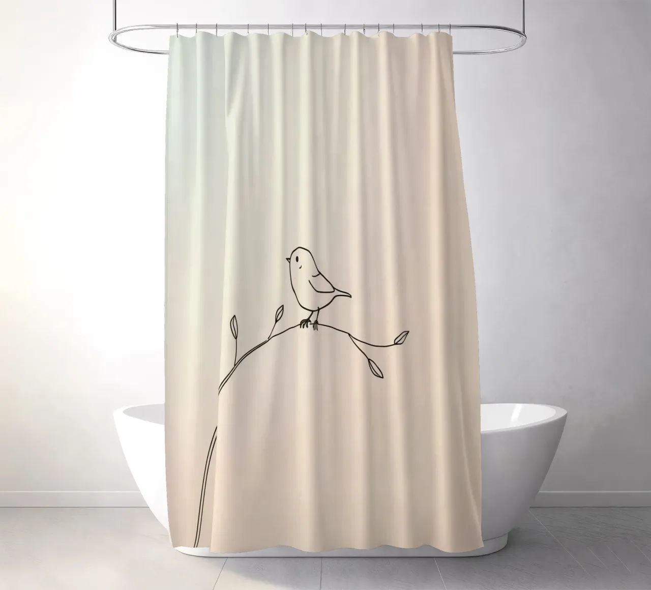 Delicate line drawing of a small bird perched on a branch shower curtain by DesignDoodle