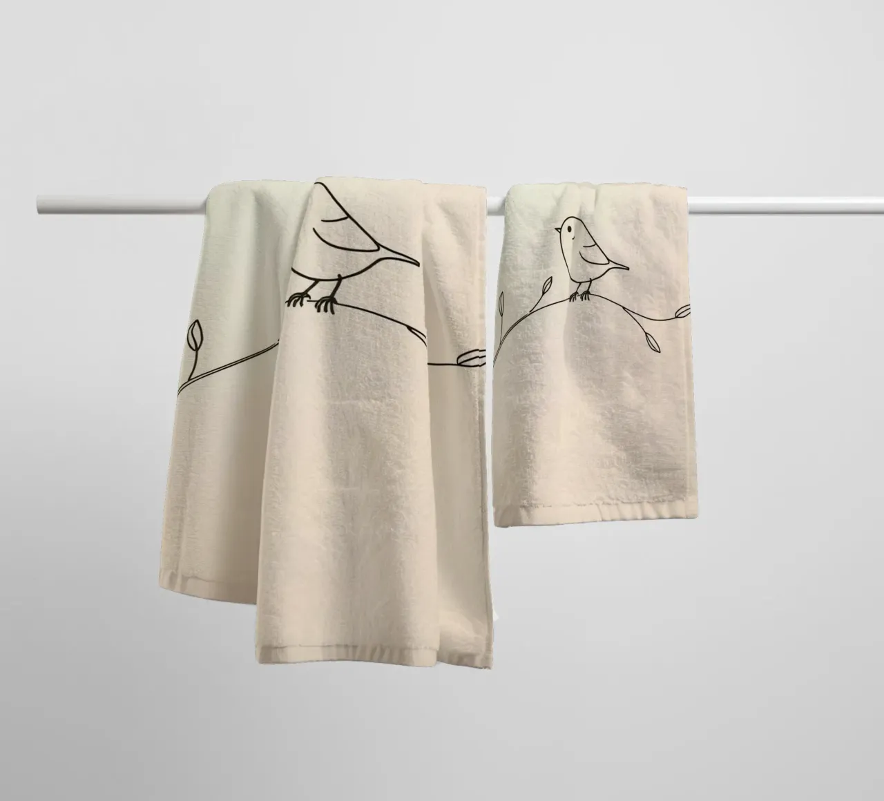 Delicate line drawing of a small bird perched on a branch towel by DesignDoodle