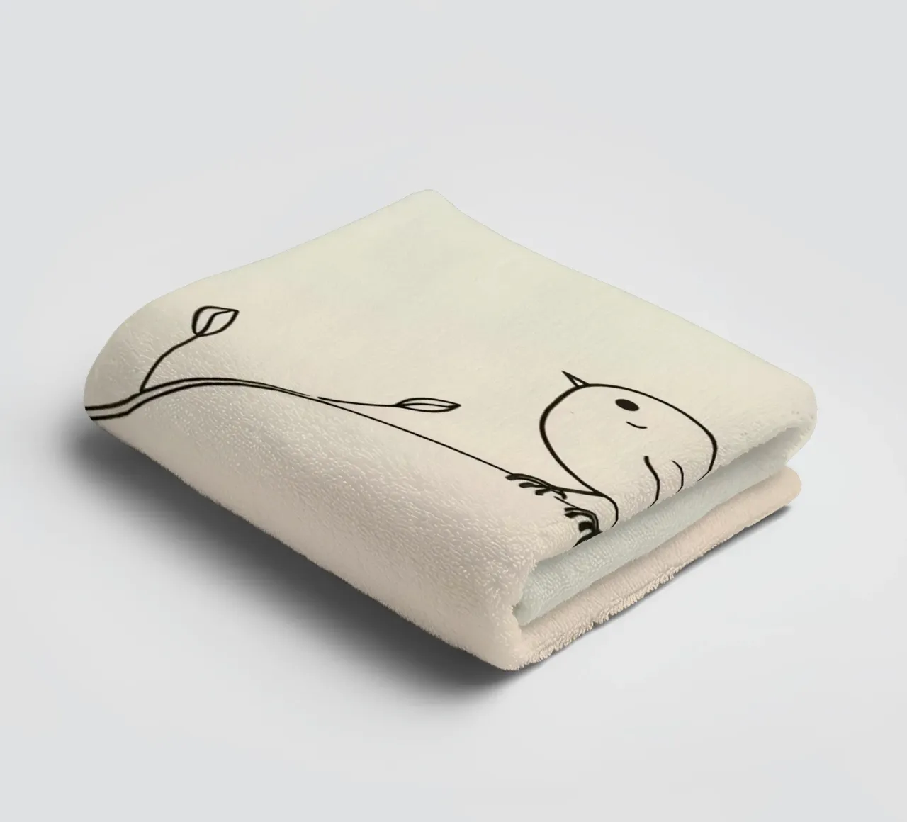 Delicate line drawing of a small bird perched on a branch towel by DesignDoodle