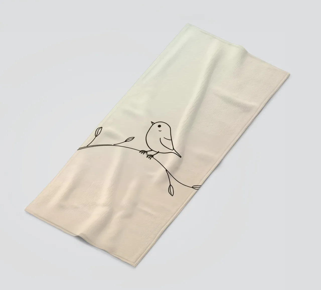 Delicate line drawing of a small bird perched on a branch beach towel by DesignDoodle
