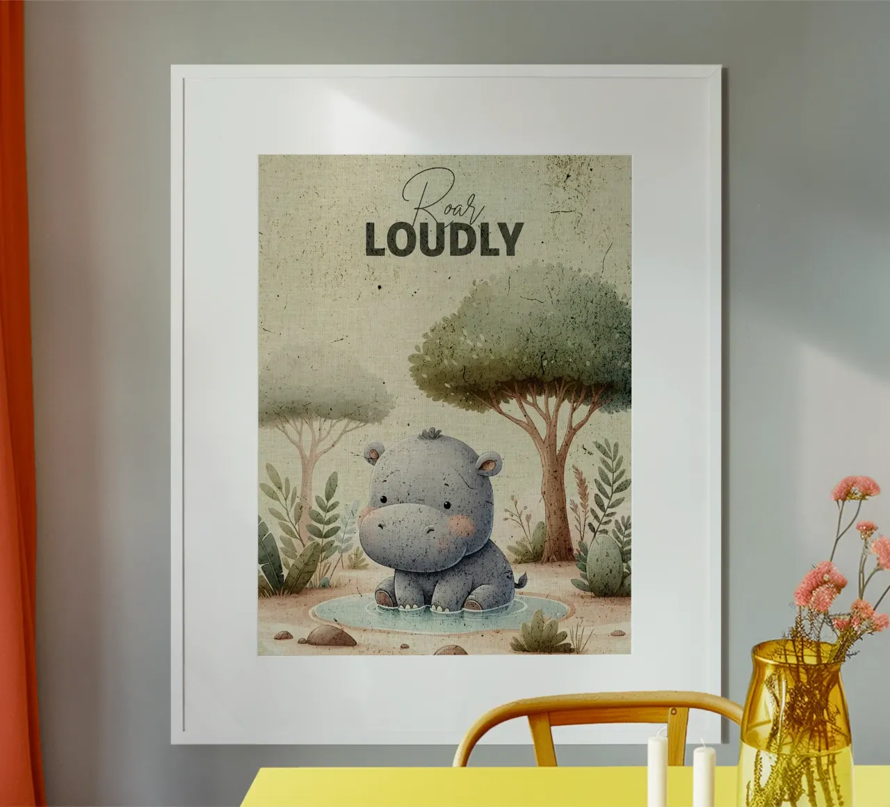 Illustration d'un hippopotame mignon poster avec cadre en aluminium de E Cannon