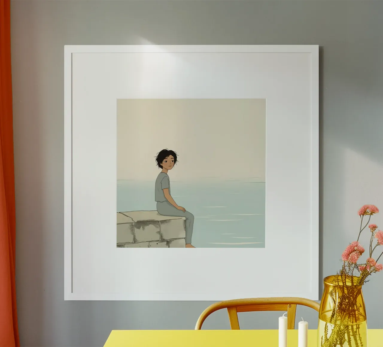 Junges Mädchen sitzt auf einer Steinmauer am Wasser und blickt ruhig vor sich hin Poster mit Holzrahmen von DesignDoodle