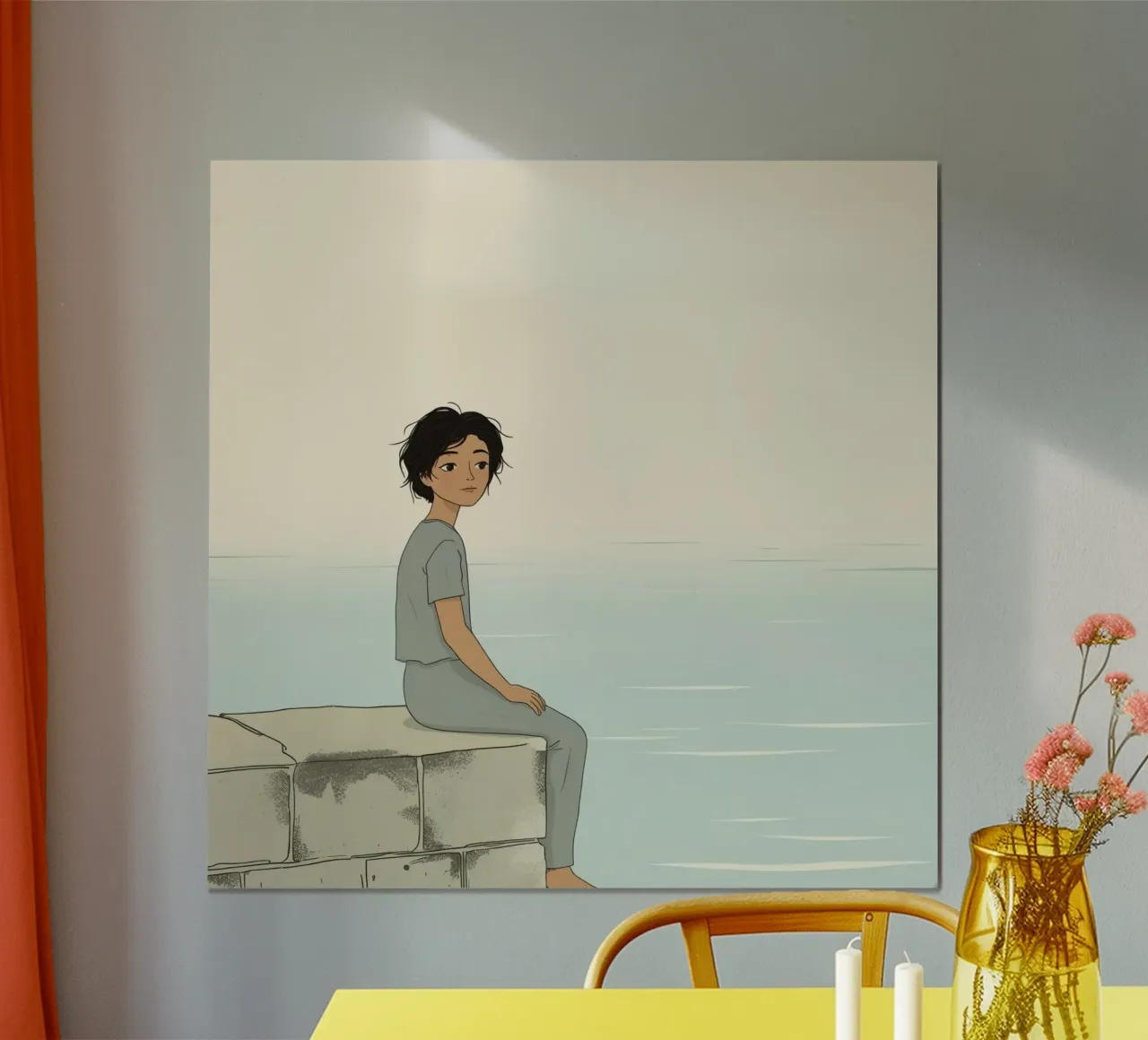 Junges Mädchen sitzt auf einer Steinmauer am Wasser und blickt ruhig vor sich hin Poster mit Holzrahmen von DesignDoodle
