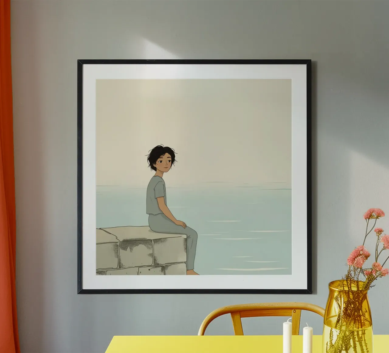 Junges Mädchen sitzt auf einer Steinmauer am Wasser und blickt ruhig vor sich hin Poster mit Holzrahmen von DesignDoodle