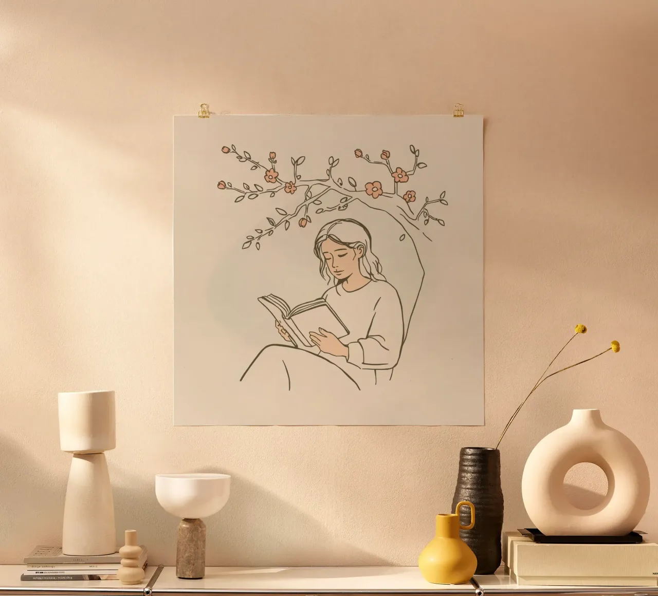 Leggere un libro sotto un albero in fiore in una tranquilla zona all'aperto poster con telaio in plastica da DesignDoodle