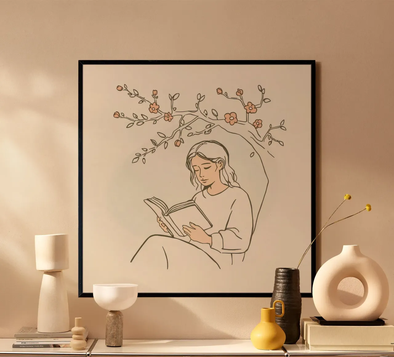 Leggere un libro sotto un albero in fiore in una tranquilla zona all'aperto poster con telaio in plastica da DesignDoodle