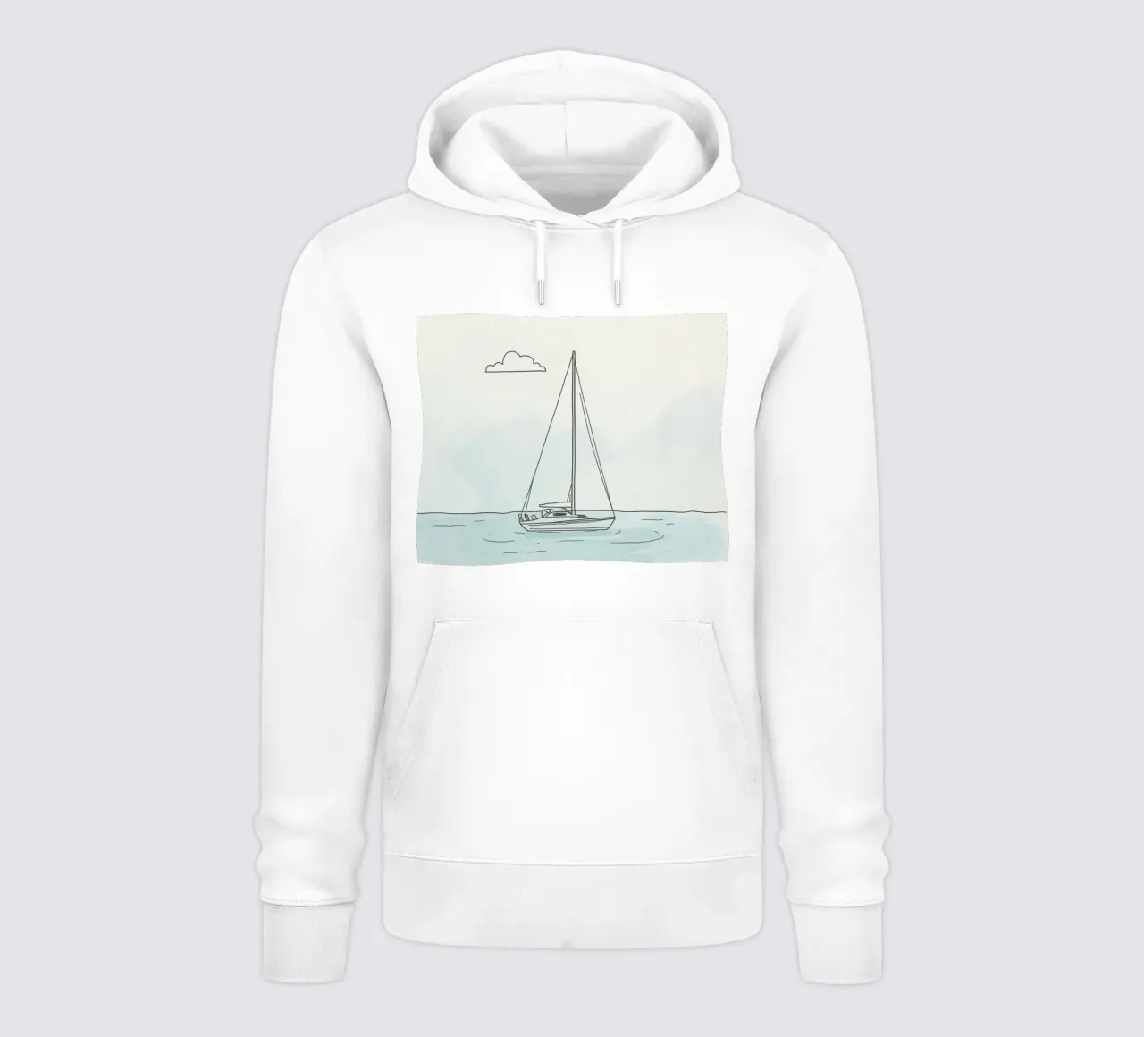 Sailboat drifting on calm waters under a light cloud in hoodie by DesignDoodle