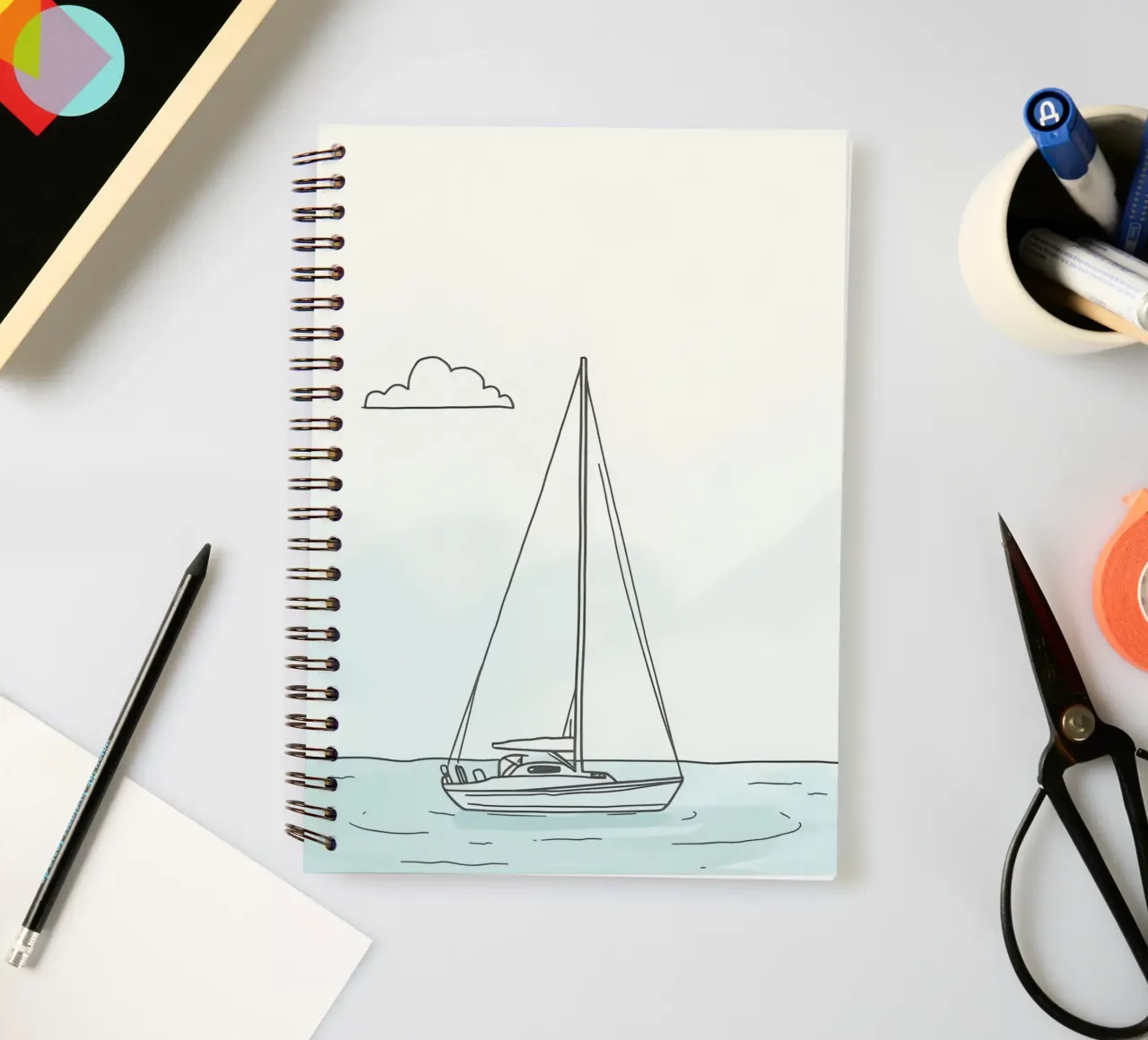Sailboat drifting on calm waters under a light cloud in spiral notebook by DesignDoodle