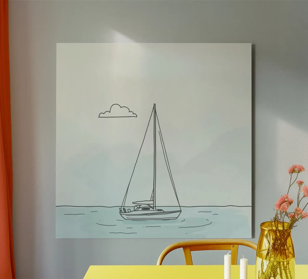Sailboat drifting on calm waters under a light cloud in alu-dibond by DesignDoodle