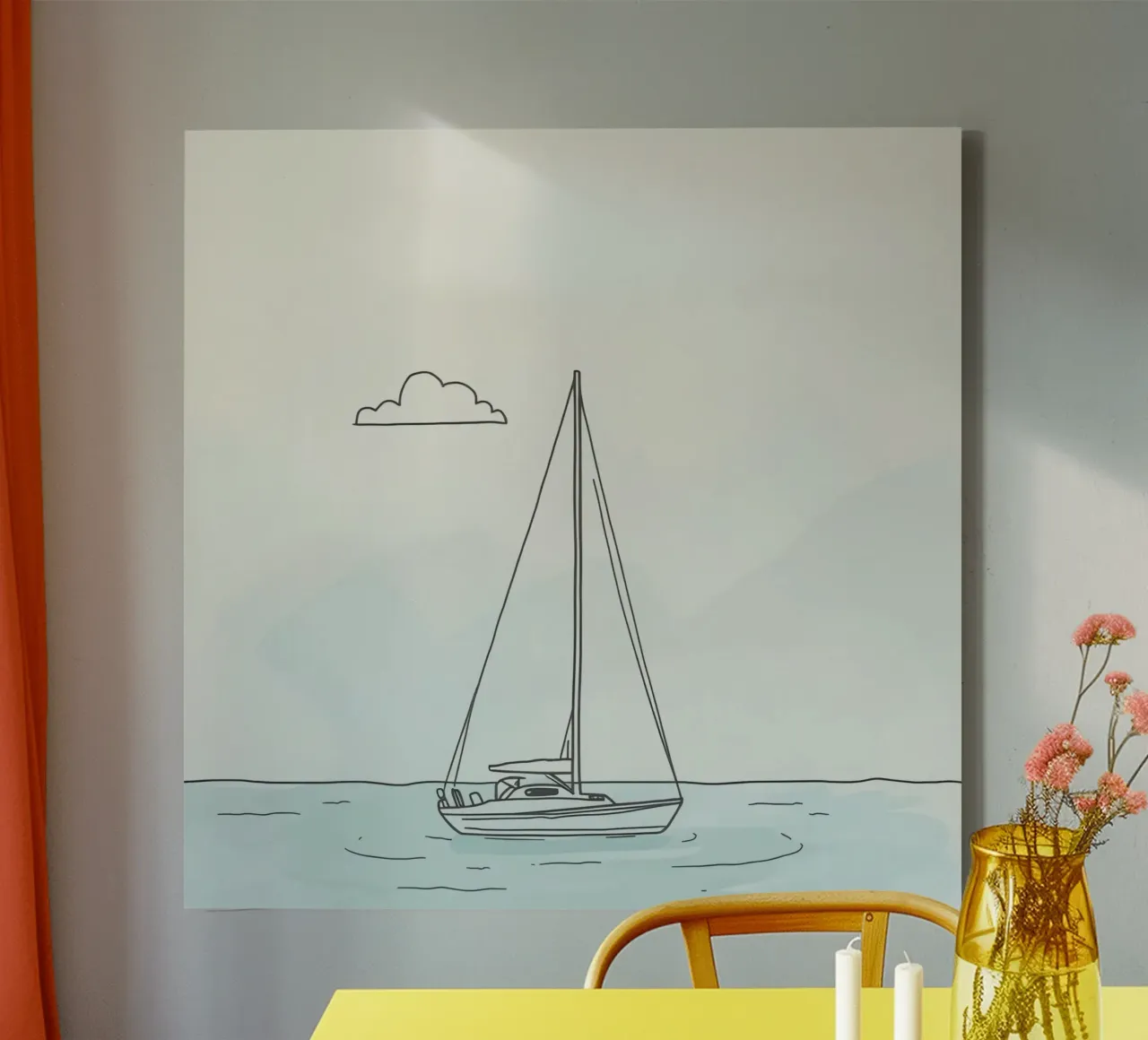 Sailboat drifting on calm waters under a light cloud in canvas by DesignDoodle