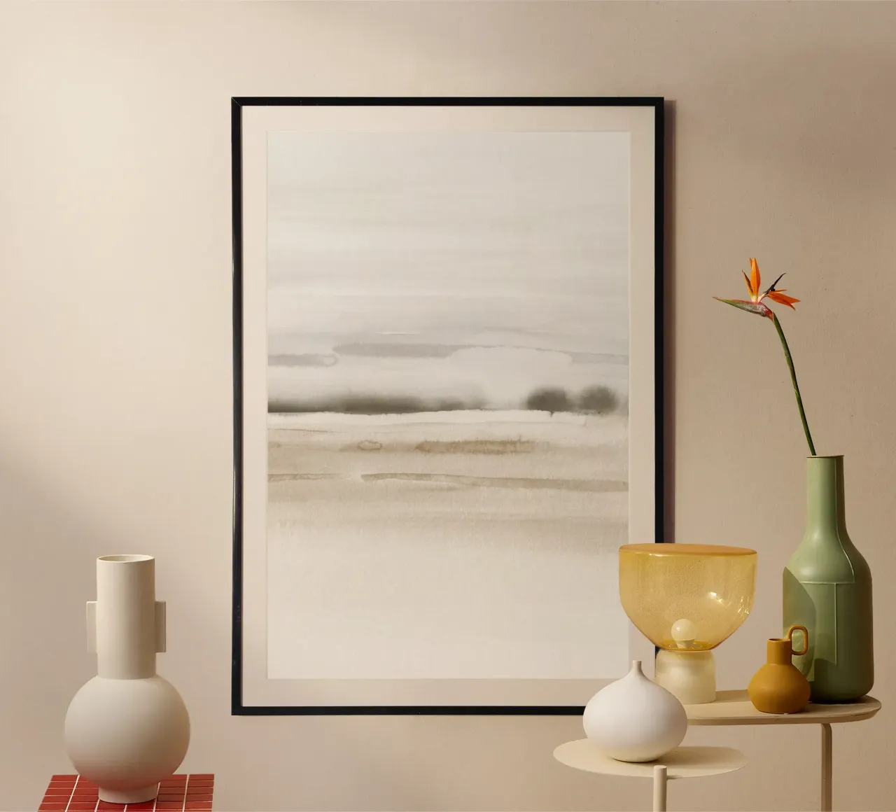 Sea waves in neutral tones 2/2 poster with plastic frame by NouveauPrints