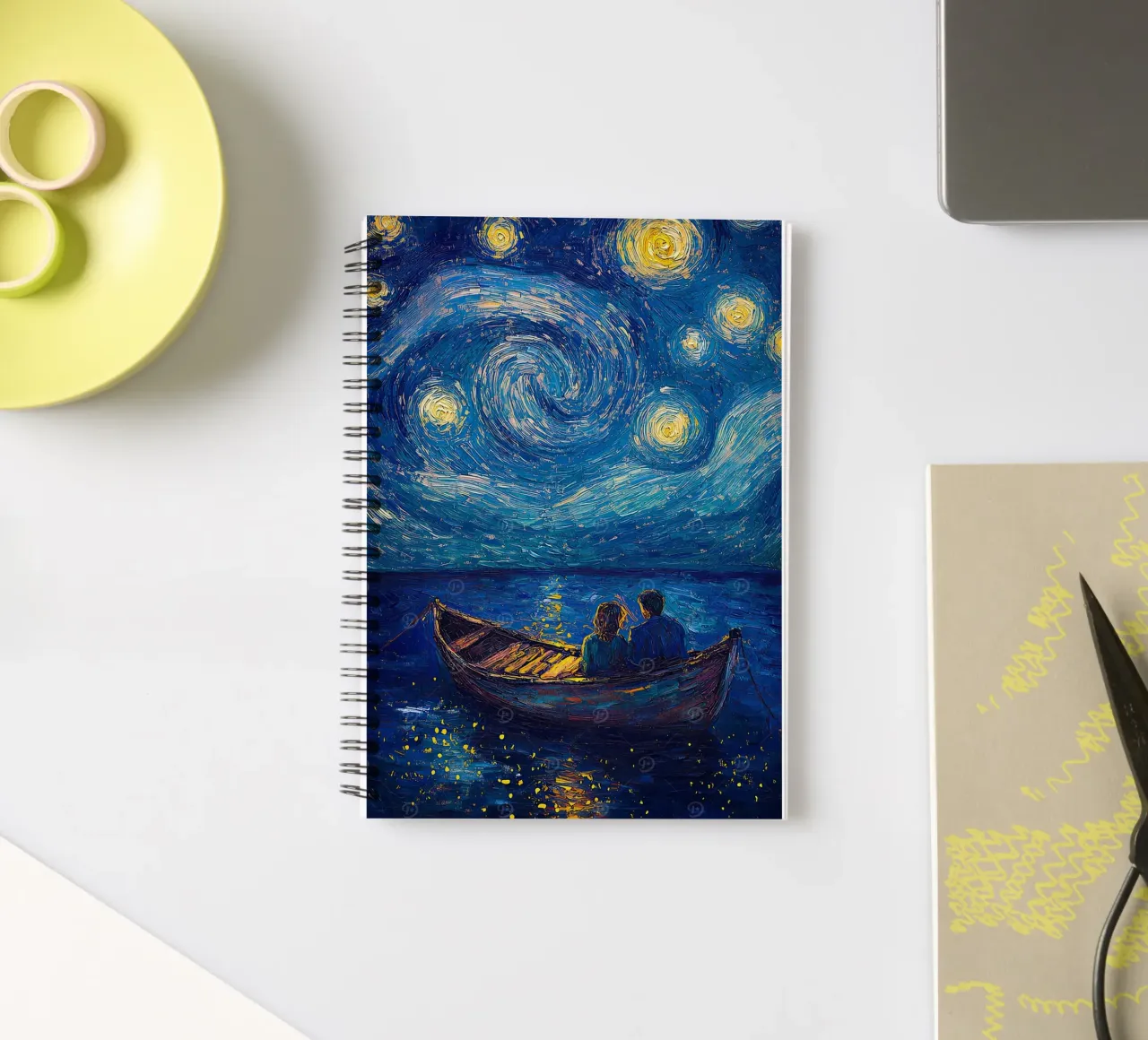 couple relaxing on a boat at night spiral notebook by Piper Shop Oke