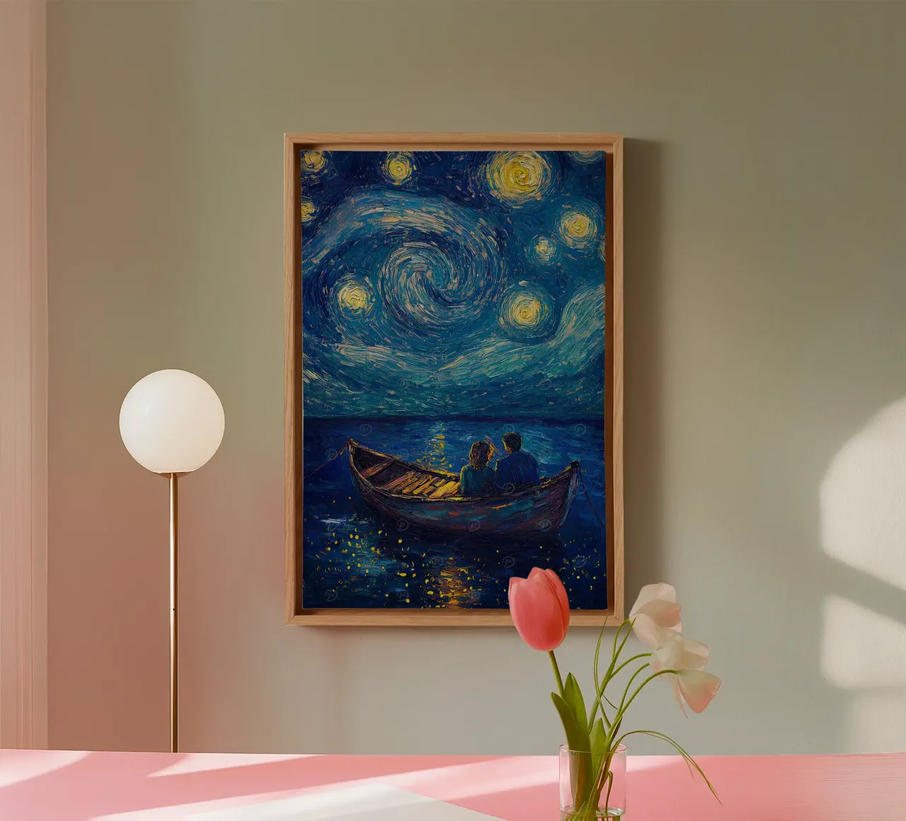 Coppia che si rilassa su una barca di notte tela con Cornice a cassetta da Piper Shop Oke