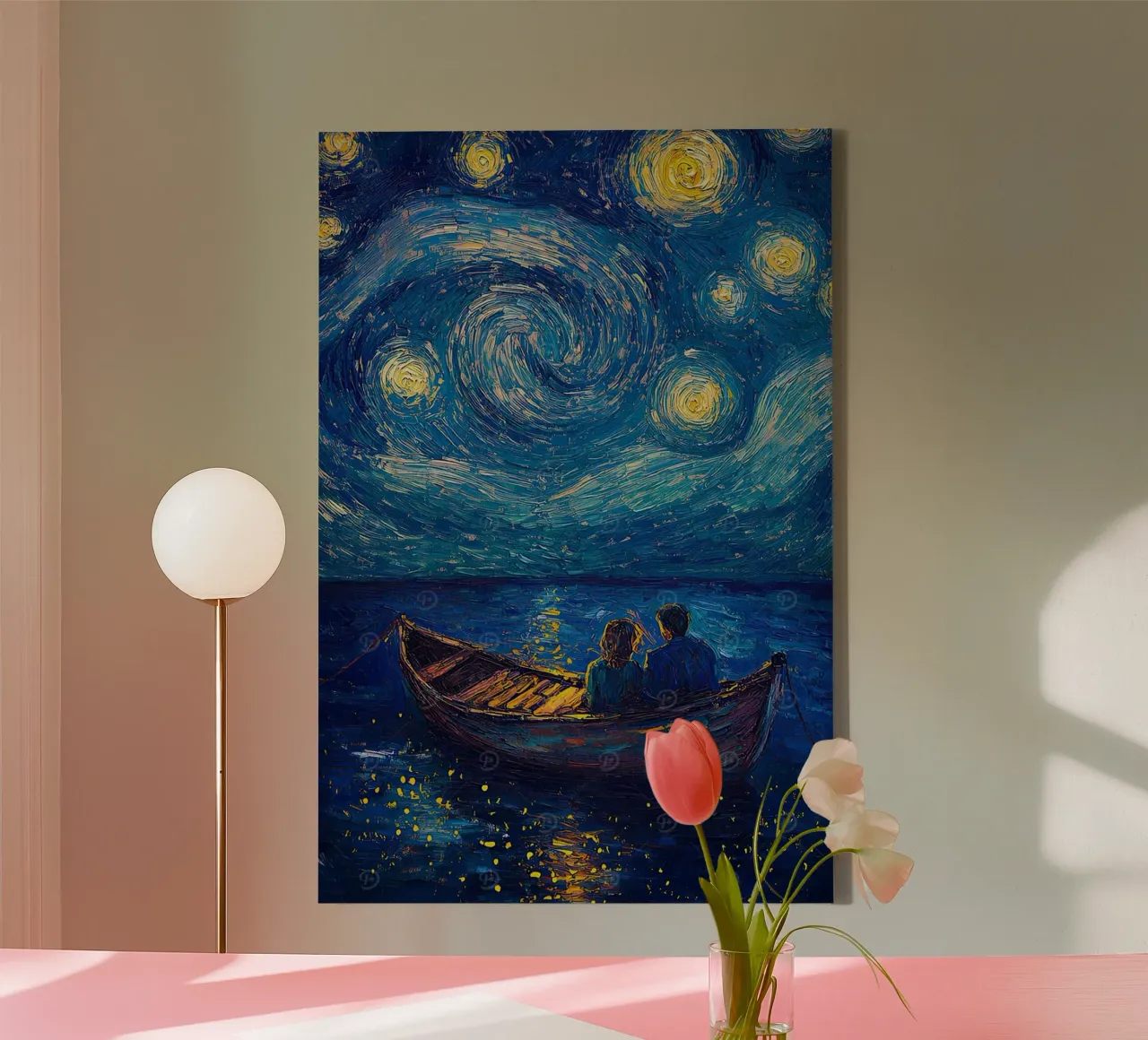 Coppia che si rilassa su una barca di notte tela con Cornice a cassetta da Piper Shop Oke