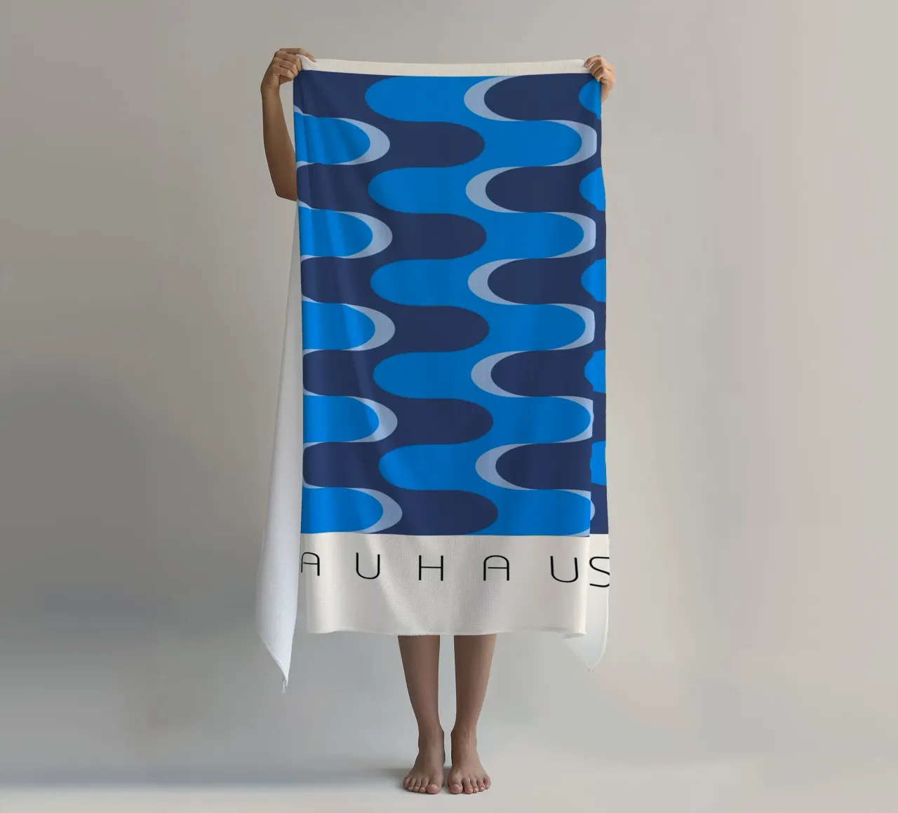Bauhaus wave pattern blue beach towel by Studio Vibe