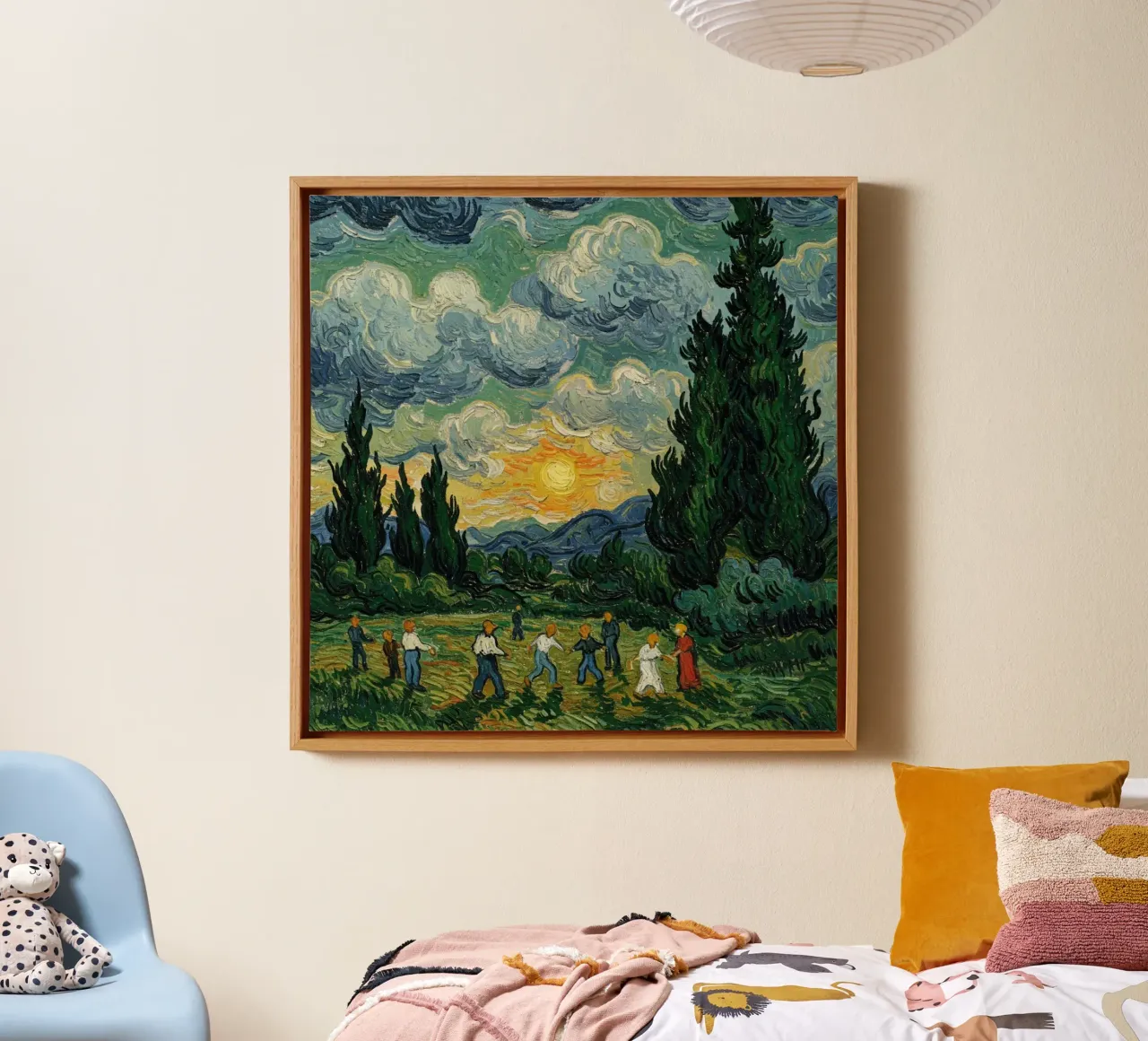 mensen zien de zonsondergang met de hoge pijnbomen canvas met Baklijst van Piper Shop Oke