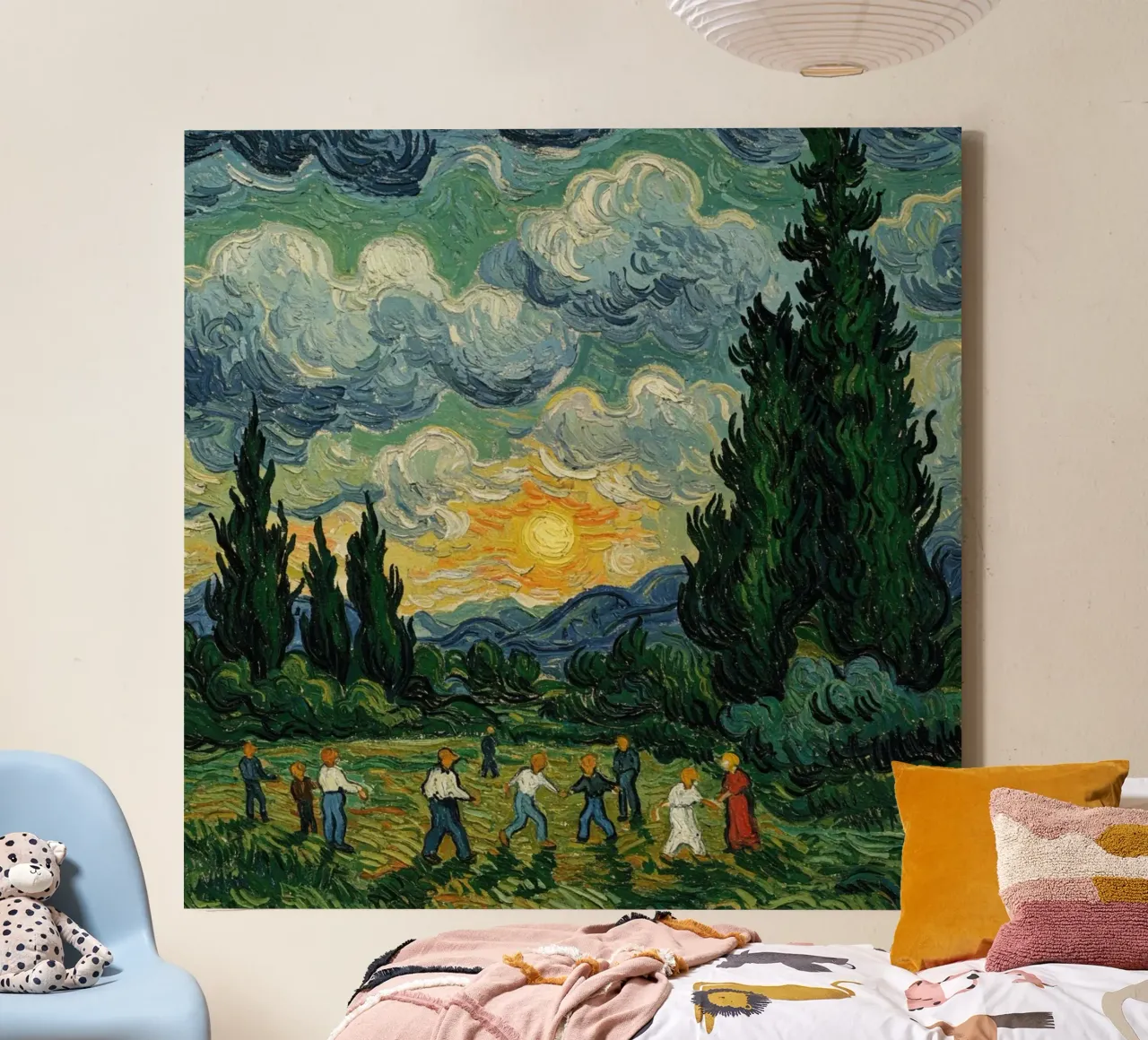 mensen zien de zonsondergang met de hoge pijnbomen canvas met Baklijst van Piper Shop Oke