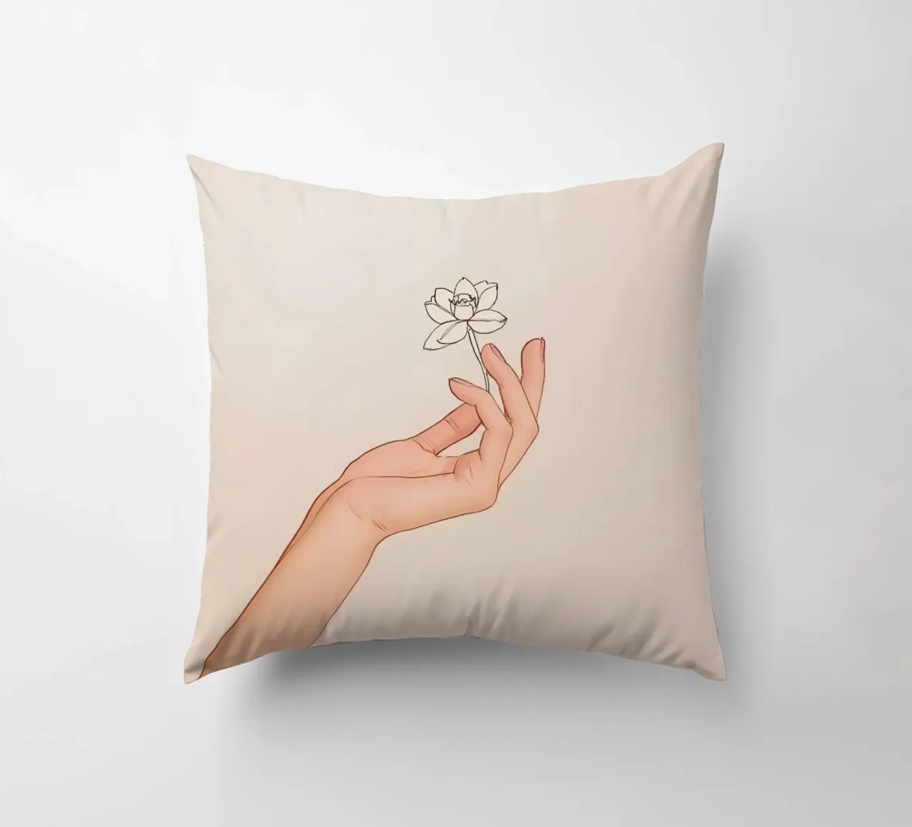 Mano che tiene un fiore delicato su uno sfondo chiaro cuscino da DesignDoodle