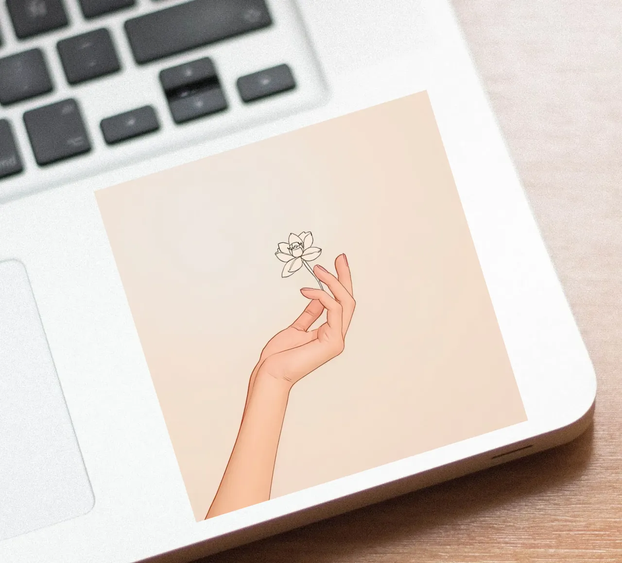 Mano che tiene un fiore delicato su uno sfondo chiaro adesivo da DesignDoodle