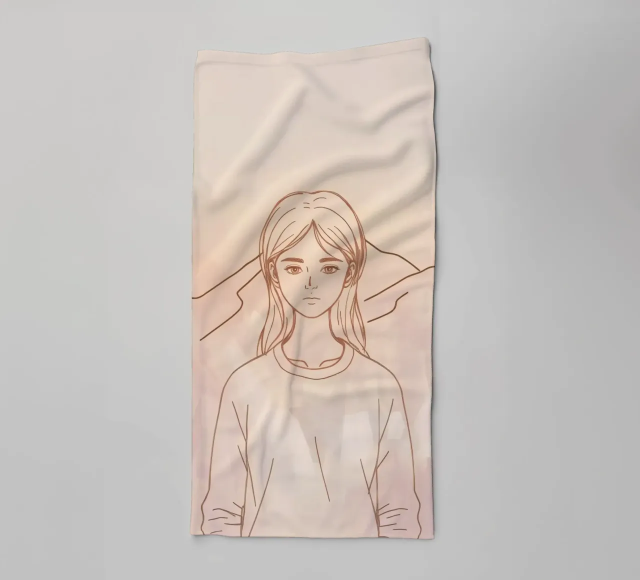Girl standing in front of mountains with a minimalist style towel by DesignDoodle